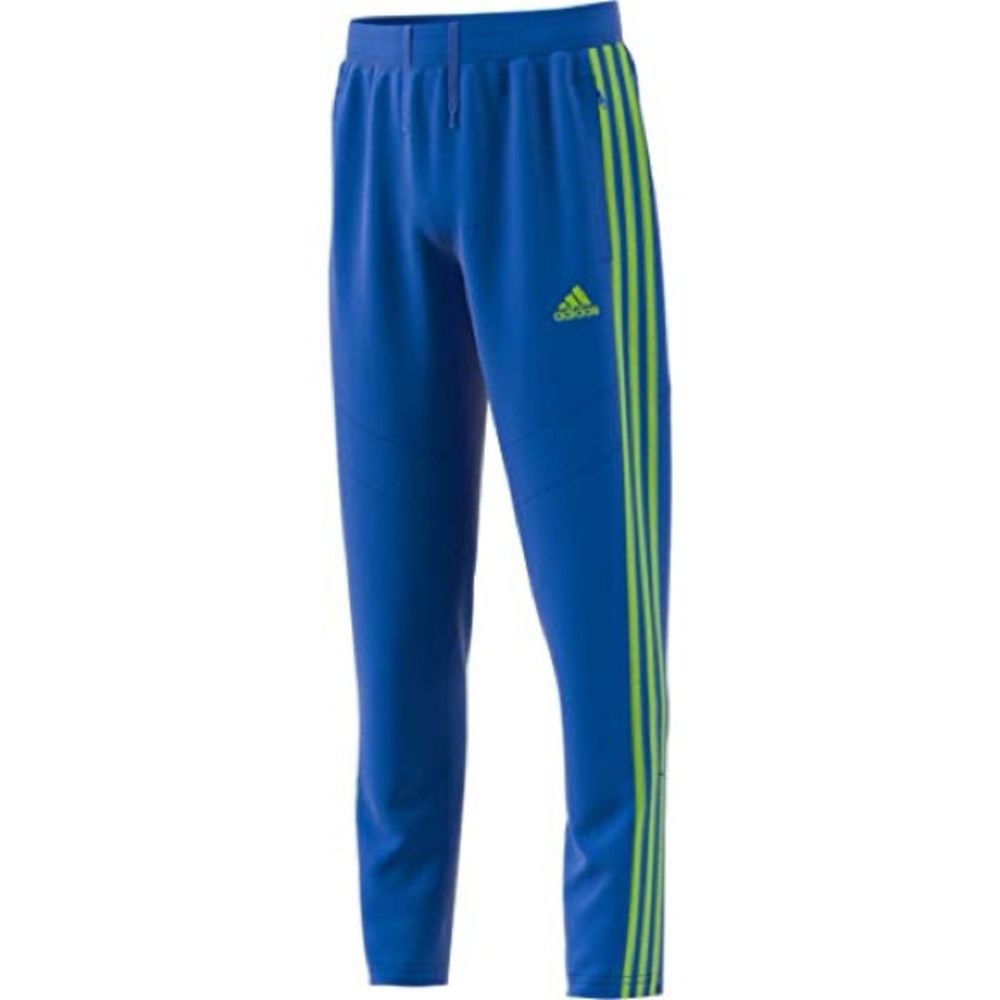Adidas Blue Track Pants with Green Stripes - Boys Large